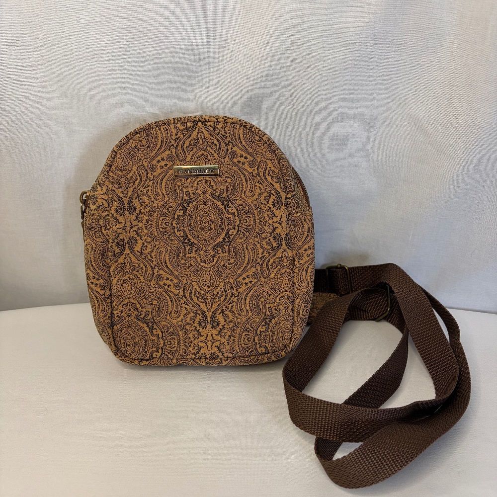 Cork Mini Backpack Purse Crossbody Bag Black Paisley & Tan 8"